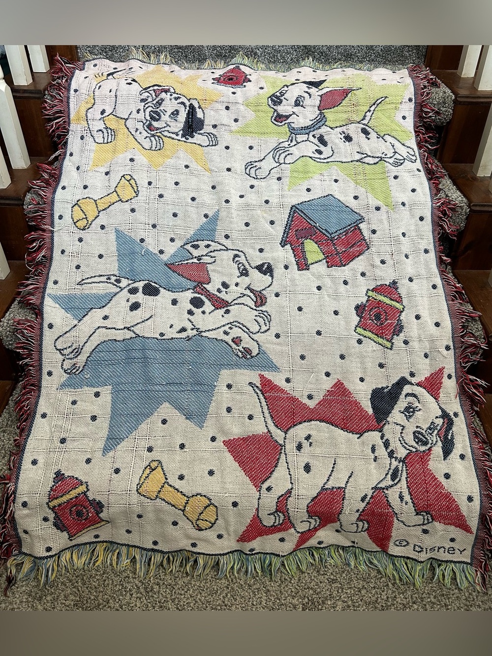 VTG 90s Disney 101 Dalmations Tapestry Blanket Fringed Woven Small Throw READ
